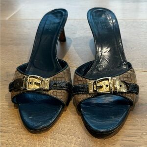 Gucci teal leather + canvas sandals